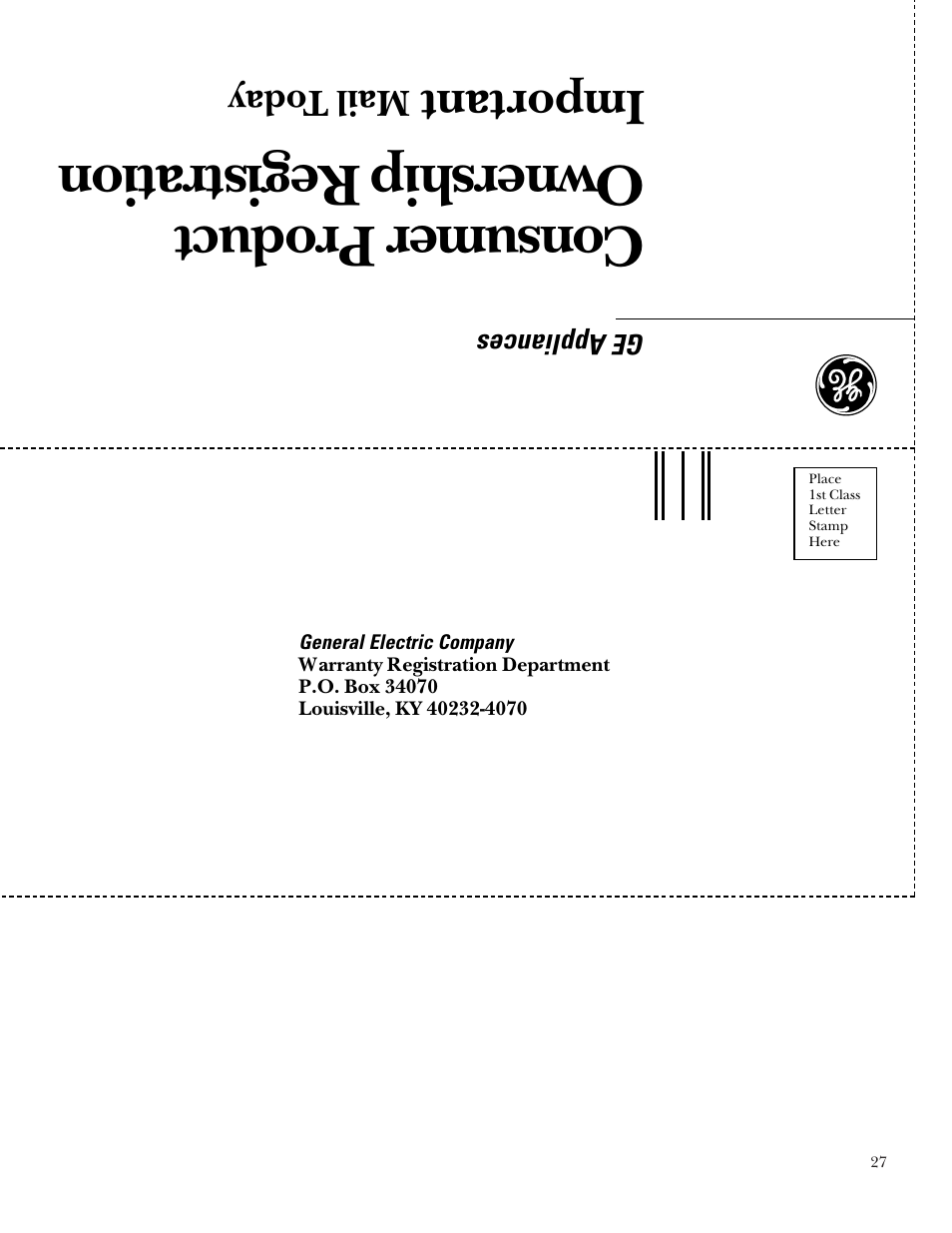 Consumer product ownership registration, Important, Mail t oday | GE Monogram ZBD5700 User Manual | Page 27 / 28