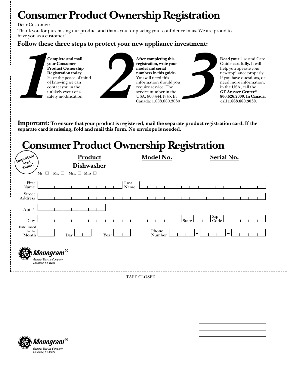 Consumer product ownership registration, Monogram | GE Monogram ZBD5700 User Manual | Page 28 / 28