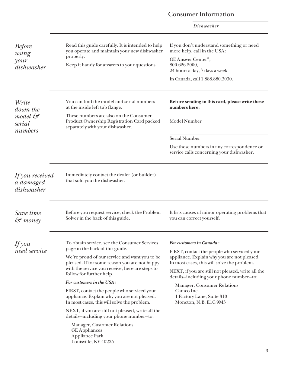 Appliance registration, Consumer services, Model and serial number location | Appliance registration , 27, 28, Consumer information, Before using your dishwasher, Write down the model & serial numbers, If you received a damaged dishwasher, Save time & money, If you need service | GE Monogram ZBD5700 User Manual | Page 3 / 28