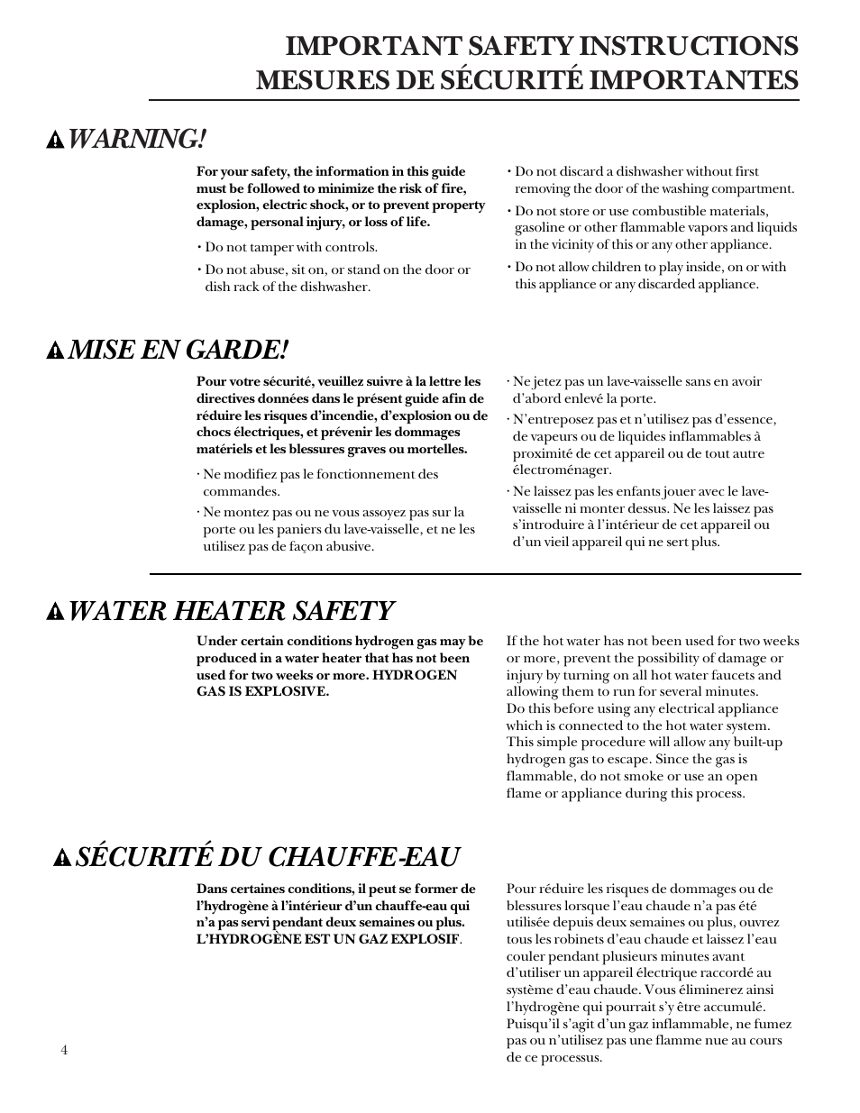 Safety instructions, Safety instructions –6, Mise en garde | Water heater safety, Sécurité du chauffe-eau | GE Monogram ZBD5700 User Manual | Page 4 / 28