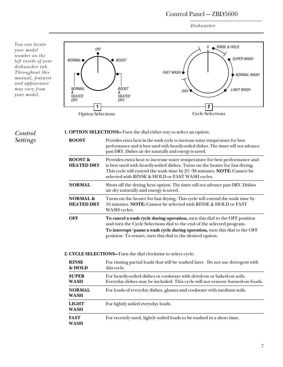 Control panel for zbd5600, Operating instructions –14, Control panel and settings for zbd5600 , 8 | Control panel — zbd5600, Control settings | GE Monogram ZBD5700 User Manual | Page 7 / 28