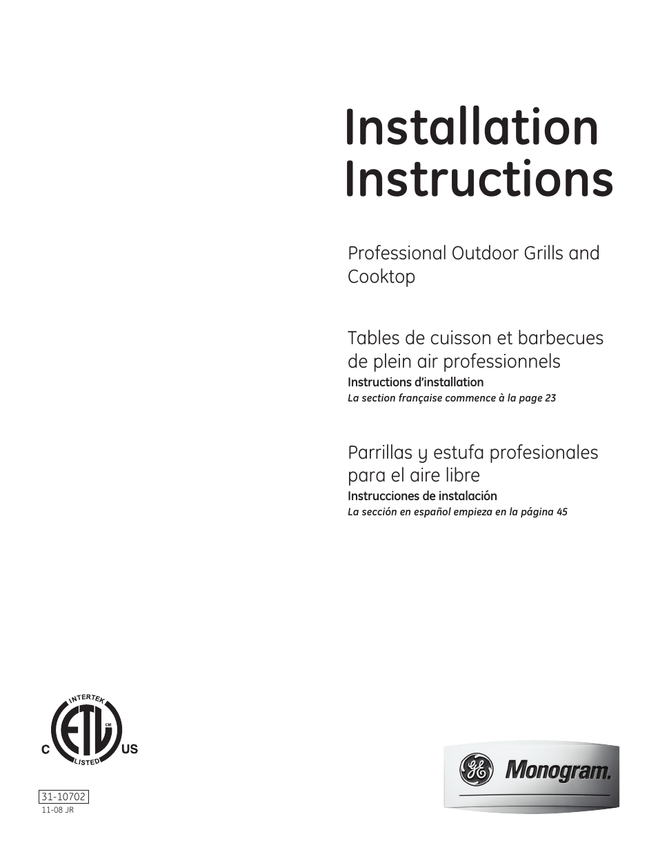 GE Monogram Professional Outdoor Grills and Cooktop User Manual | 22 pages