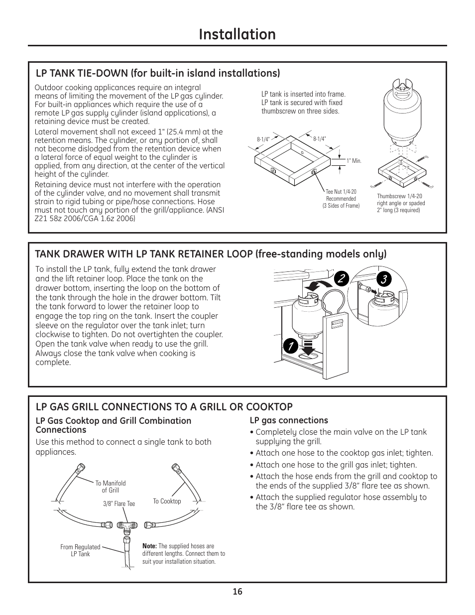 Installation, Lp gas grill connections to a grill or cooktop | GE Monogram Professional Outdoor Grills and Cooktop User Manual | Page 16 / 22