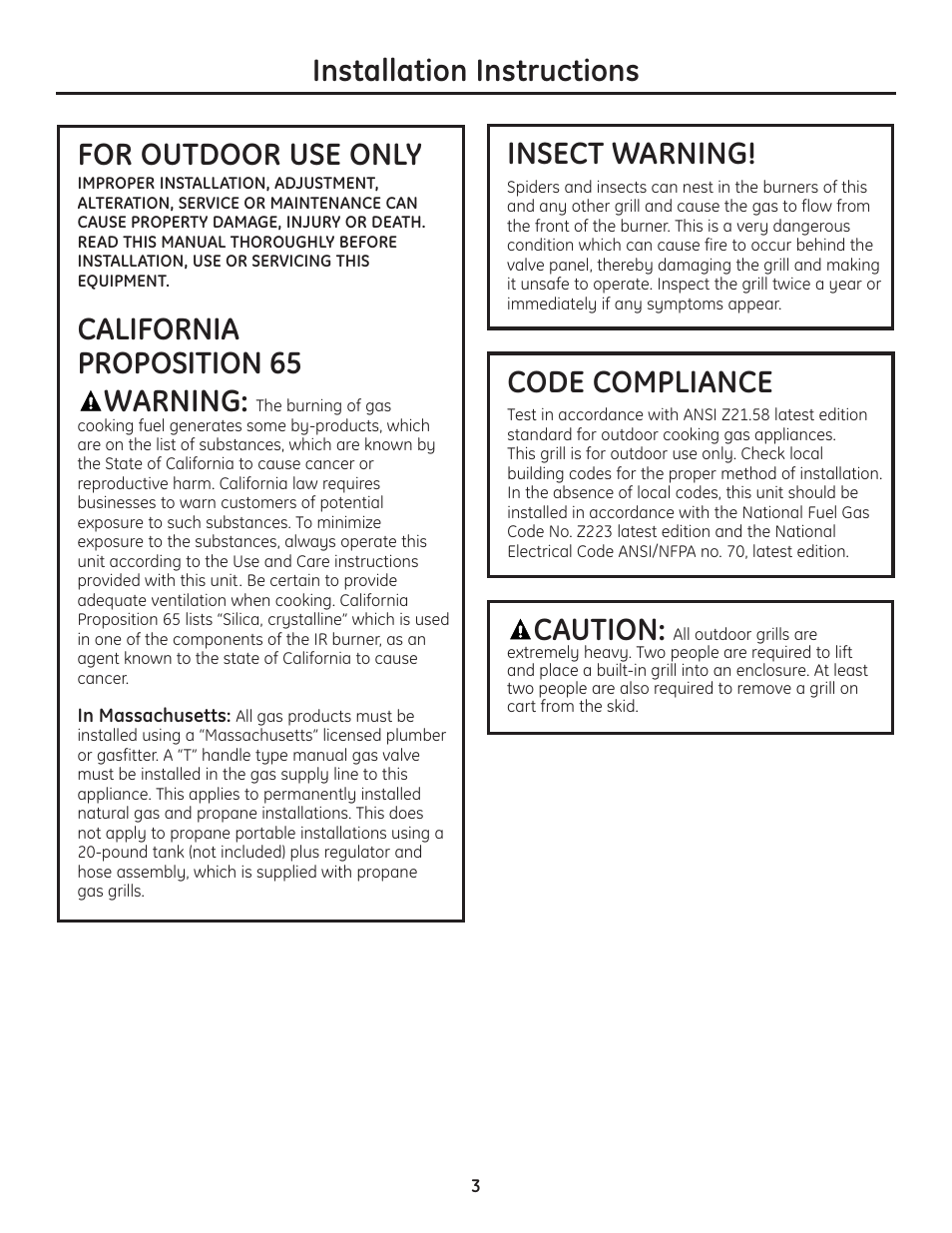 Installation instructions for outdoor use only, California proposition 65 warning, Insect warning | Caution, Code compliance | GE Monogram Professional Outdoor Grills and Cooktop User Manual | Page 3 / 22