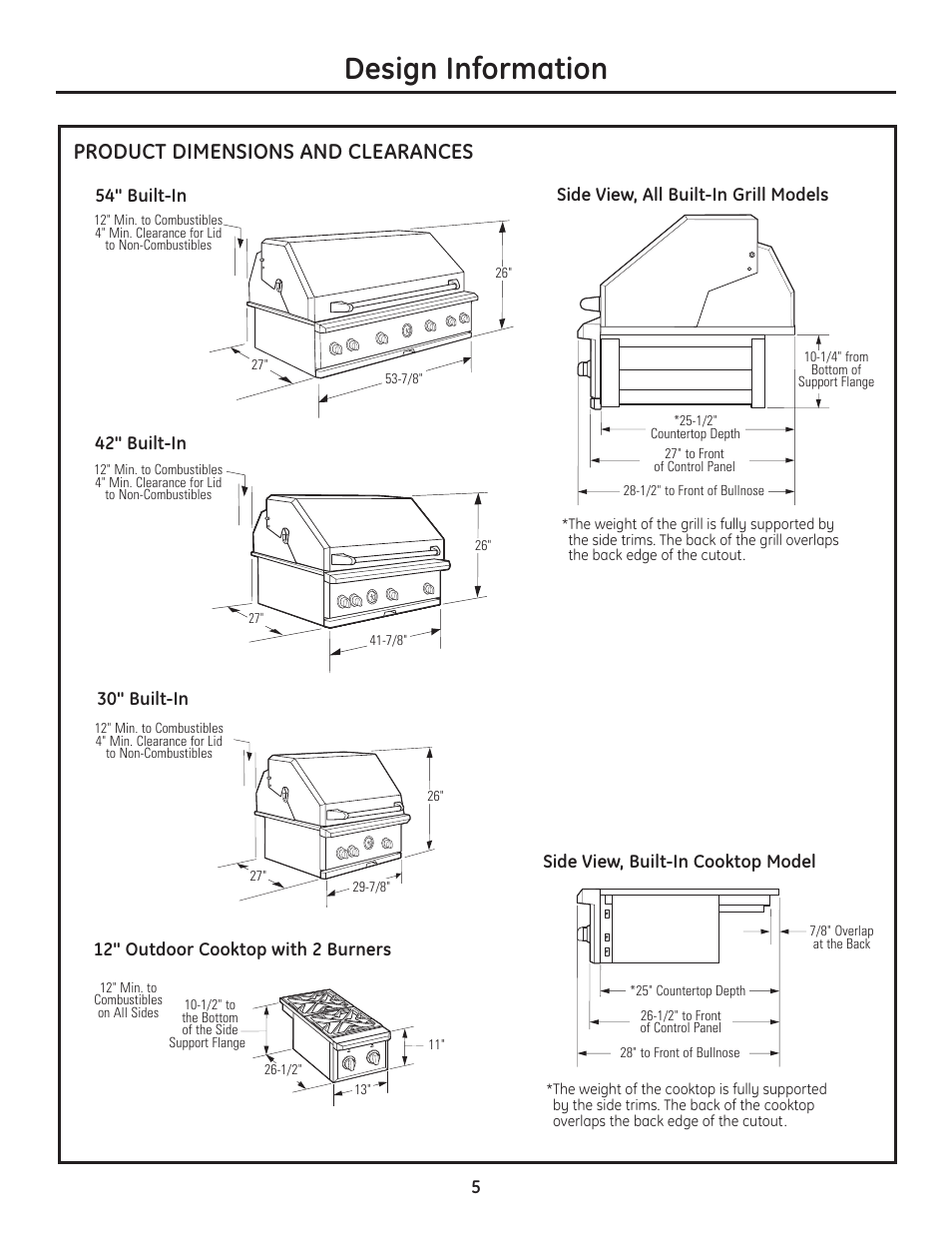 Design information, Product dimensions and clearances | GE Monogram Professional Outdoor Grills and Cooktop User Manual | Page 5 / 22