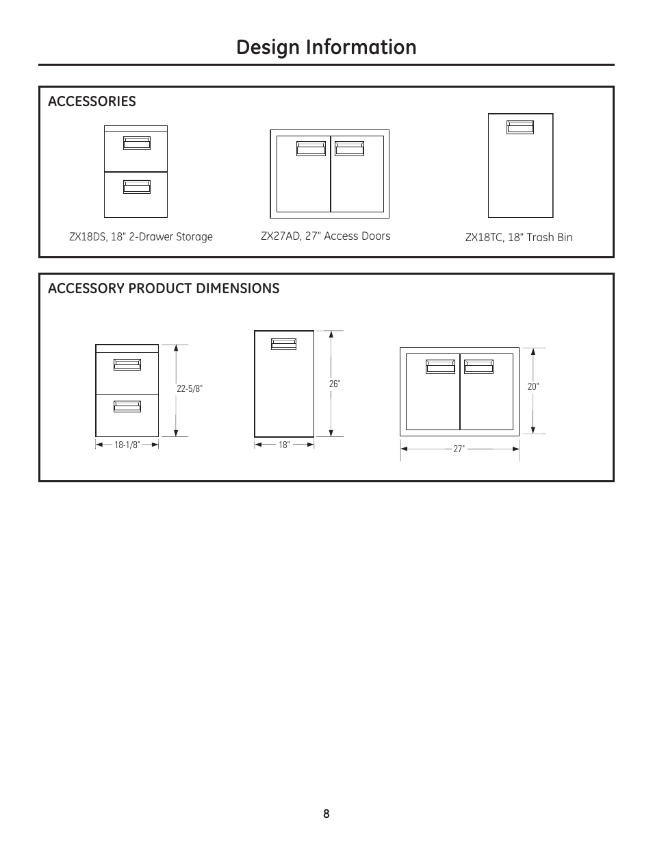 Design information, Accessories, Accessory product dimensions | GE Monogram Professional Outdoor Grills and Cooktop User Manual | Page 8 / 22