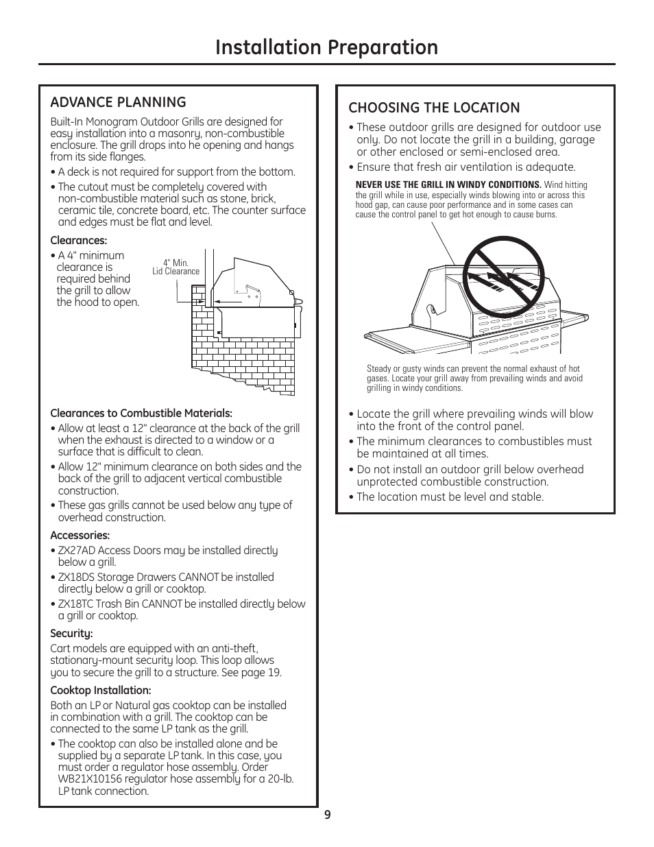 Installation preparation, Advance planning, Choosing the location | GE Monogram Professional Outdoor Grills and Cooktop User Manual | Page 9 / 22