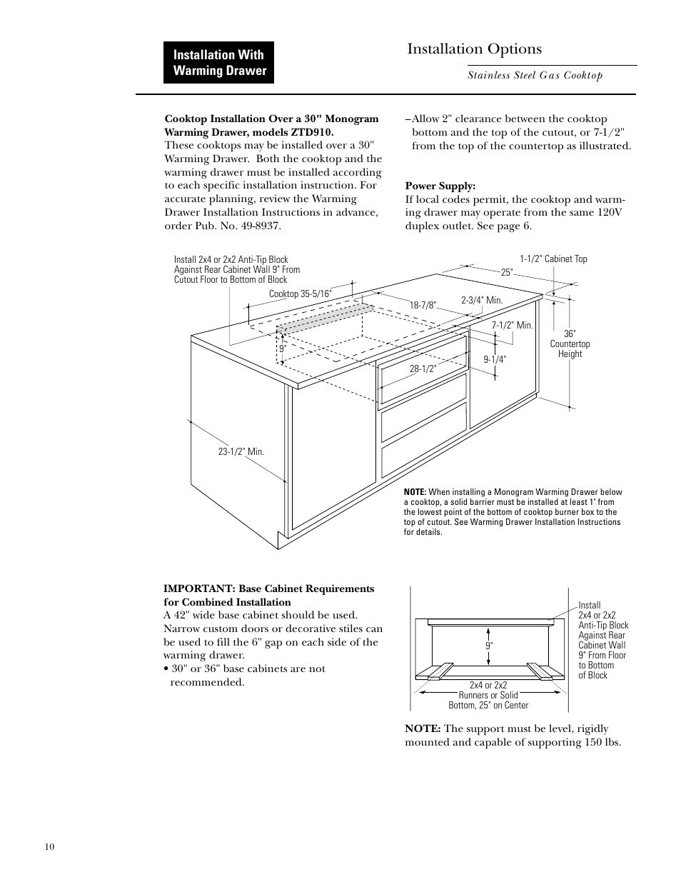 Installation with warming drawer, Installation options | GE Monogram ZGU375NS User Manual | Page 10 / 12