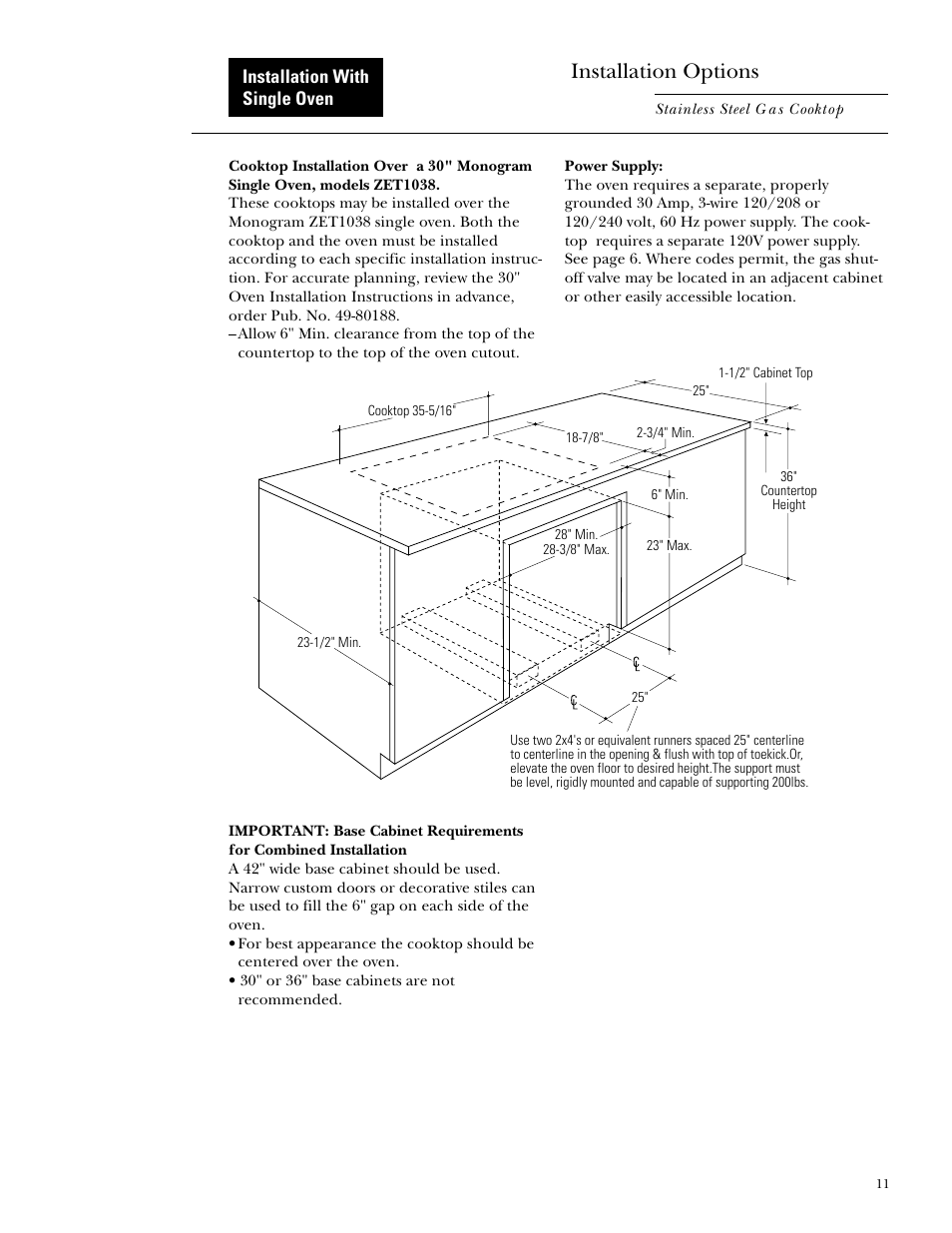 Installation with single oven, Installation options | GE Monogram ZGU375NS User Manual | Page 11 / 12
