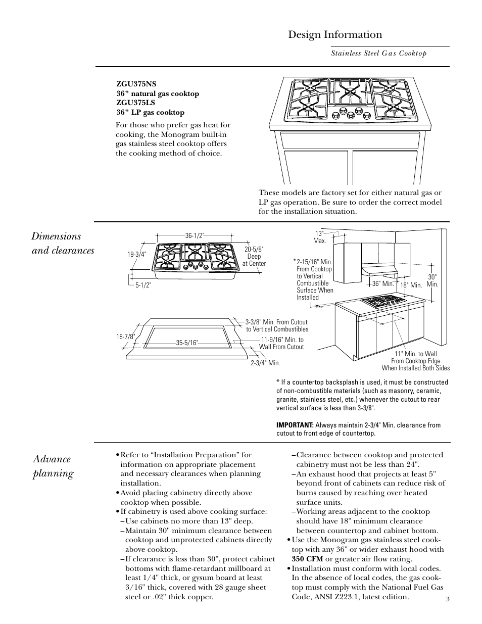 Models available, Dimensions and clearances, Advance planning | Advance planning design information | GE Monogram ZGU375NS User Manual | Page 3 / 12