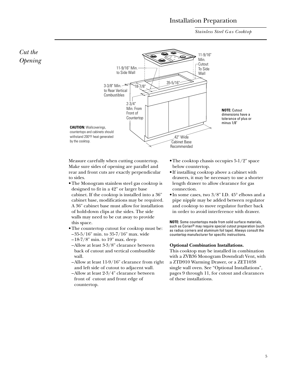 Cut the opening, Installation preparation | GE Monogram ZGU375NS User Manual | Page 5 / 12