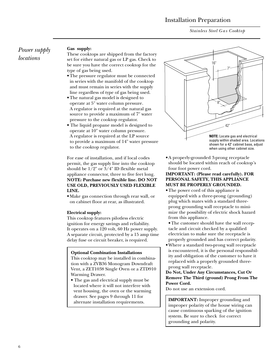 Power supply locations, Power supply locations installation preparation | GE Monogram ZGU375NS User Manual | Page 6 / 12