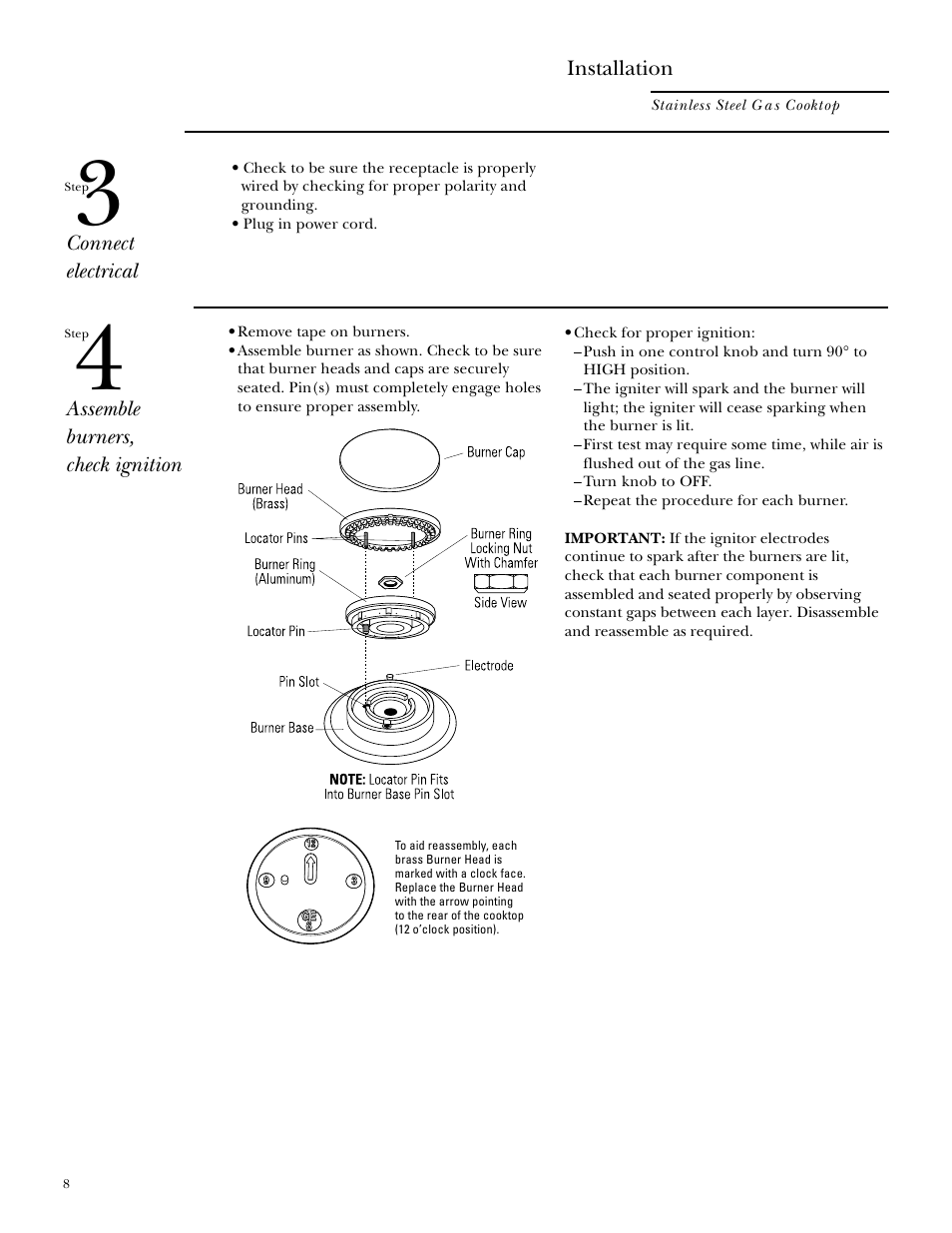 Connect electrical, Assemble burners, check ignition | GE Monogram ZGU375NS User Manual | Page 8 / 12