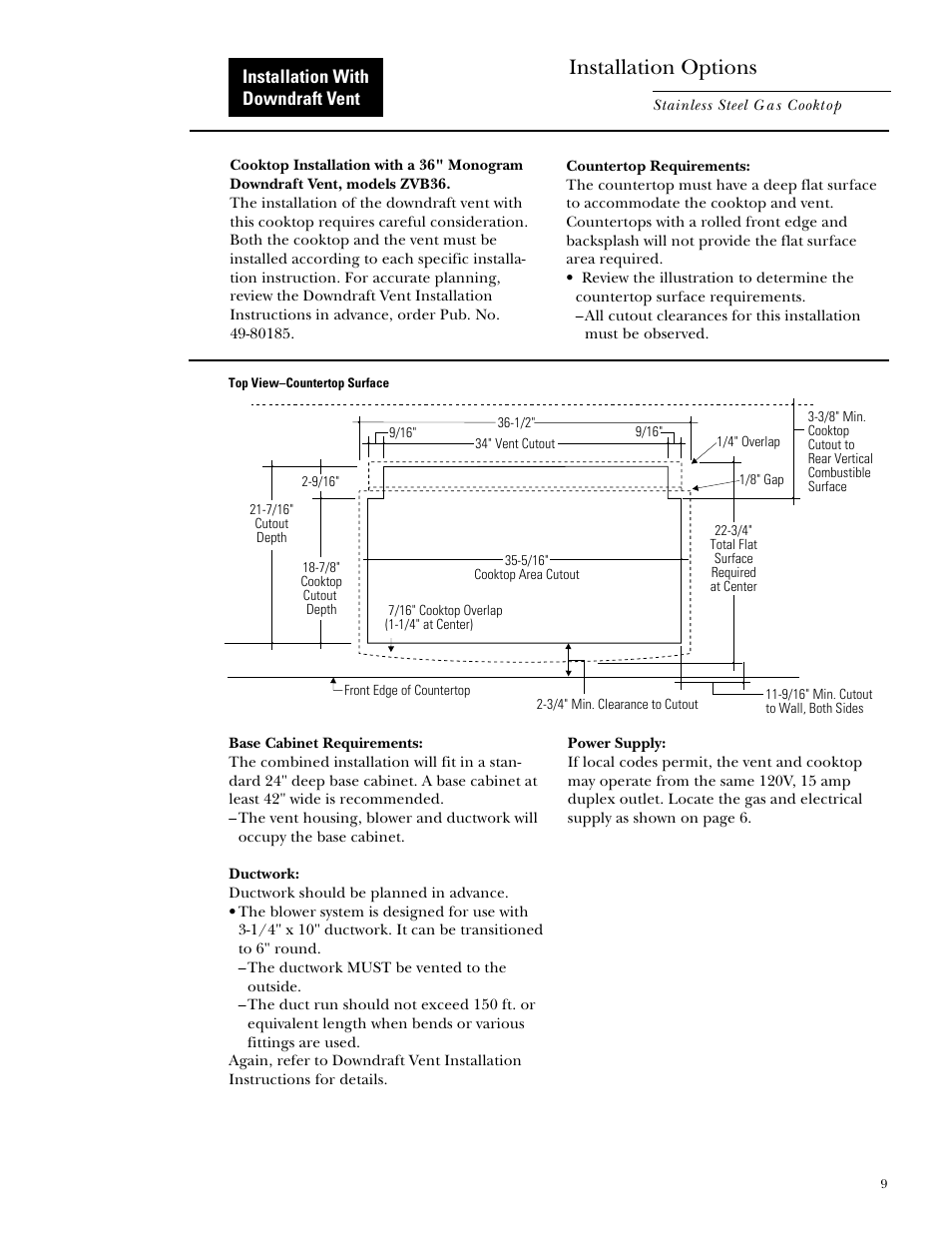 Installation with downdraft vent, Installation options | GE Monogram ZGU375NS User Manual | Page 9 / 12