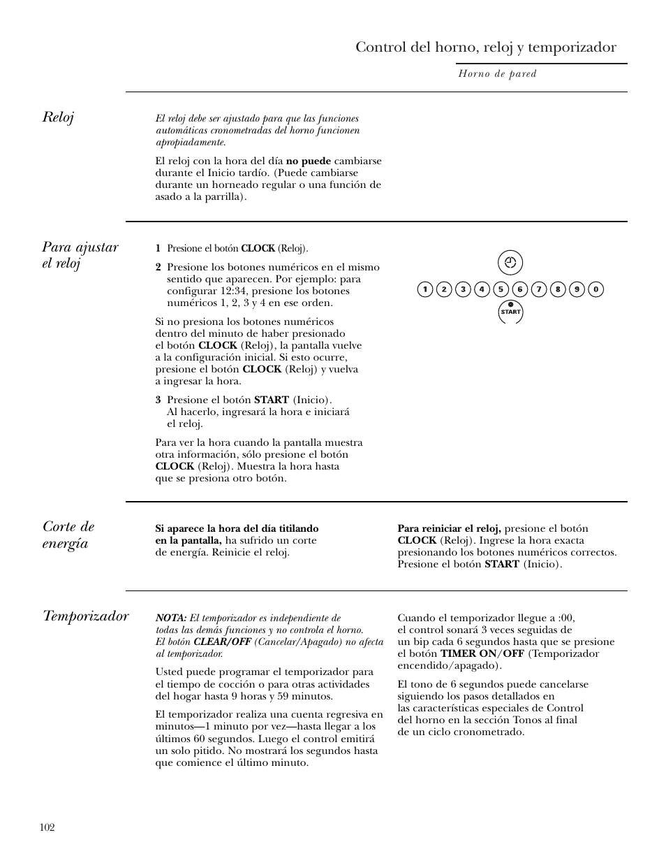 Reloj y temporizador, Reloj y temporizador , 103, Control del horno, reloj y temporizador | Para ajustar el reloj, Reloj, Temporizador, Corte de energía | GE Monogram ZEK938 User Manual | Page 102 / 136