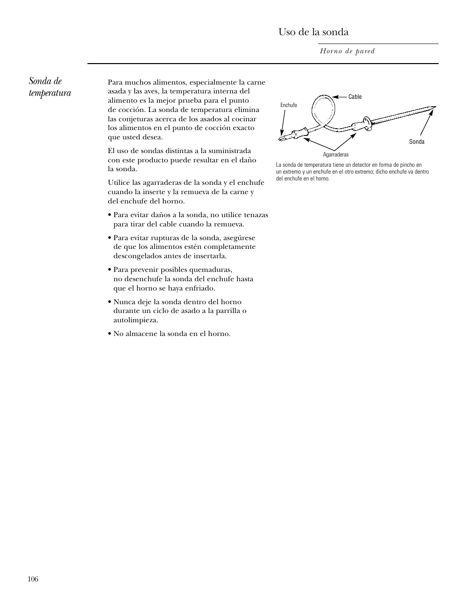 Sonda, Sonda –108, 112, 118, 129, Uso de la sonda | Sonda de temperatura | GE Monogram ZEK938 User Manual | Page 106 / 136