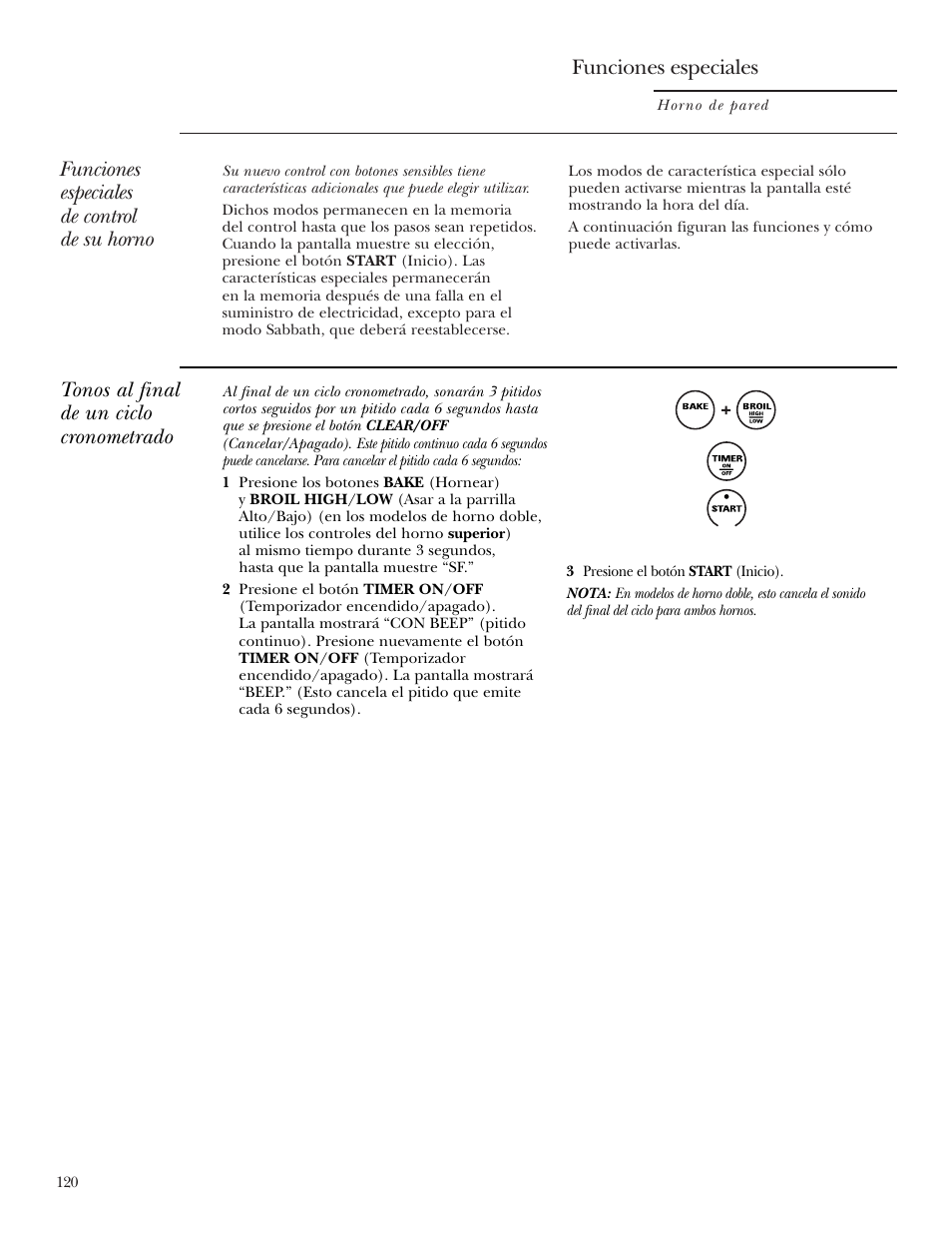 Funciones especiales, Funciones especiales –122, Funciones especiales de control de su horno | Tonos al final de un ciclo cronometrado | GE Monogram ZEK938 User Manual | Page 120 / 136