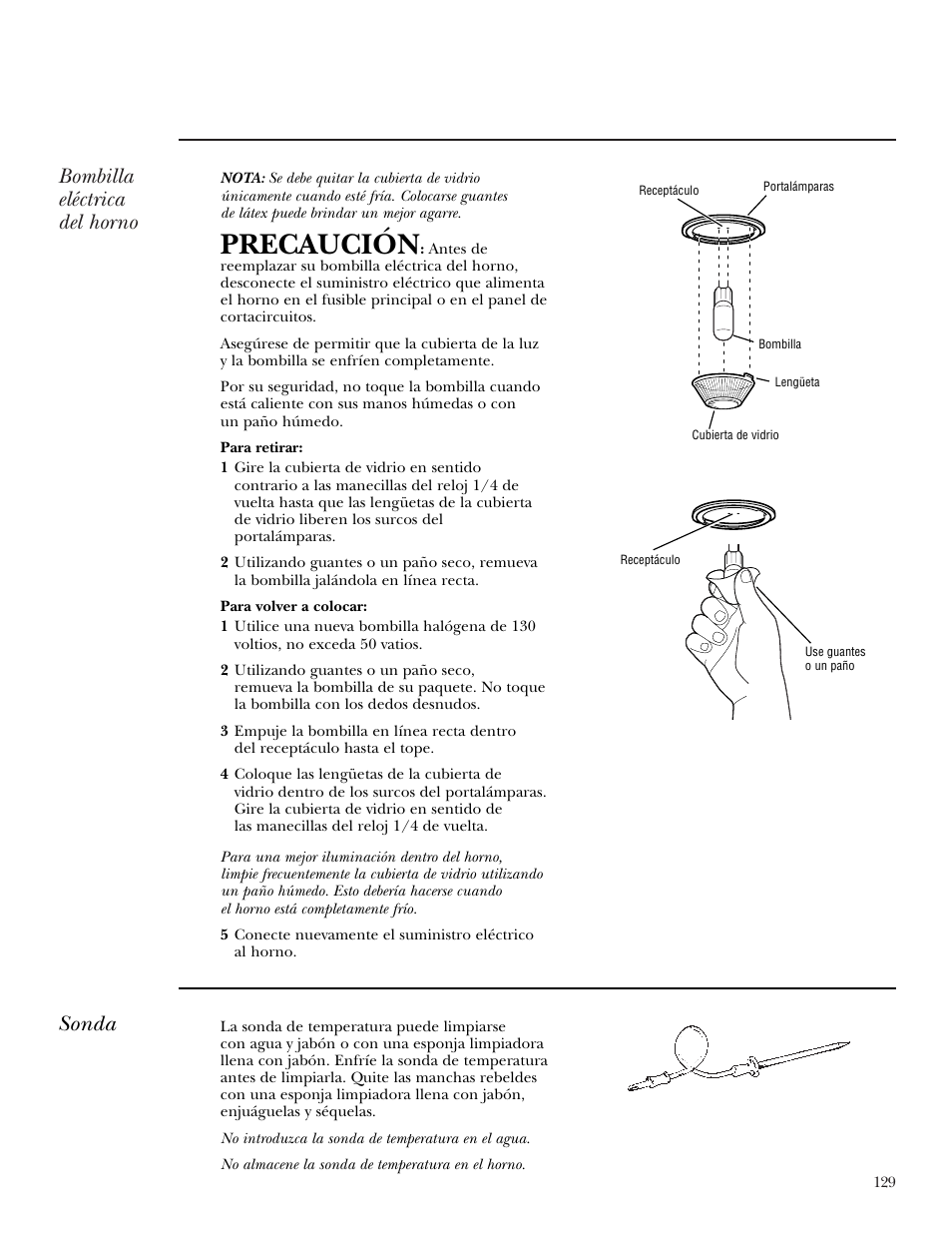 Lámpara de luz, Sonda, Precaución | Bombilla eléctrica del horno sonda | GE Monogram ZEK938 User Manual | Page 129 / 136