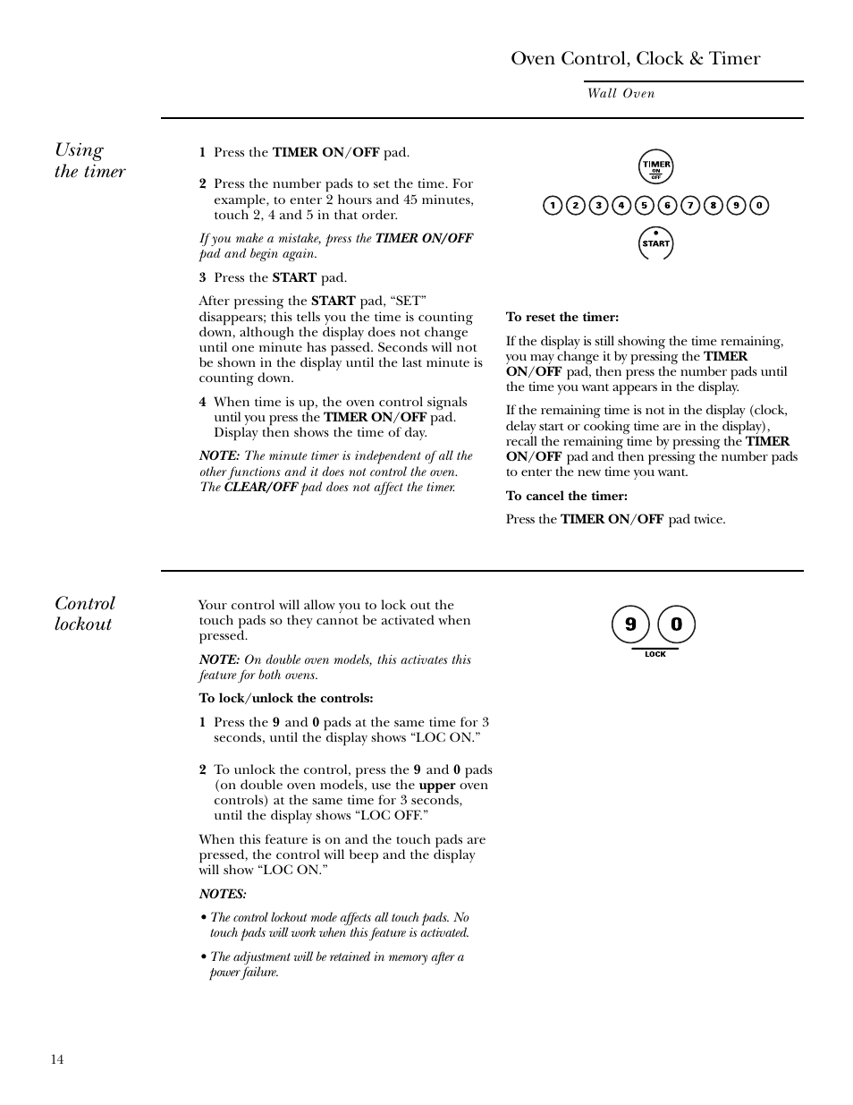 Using the timer, Control lockout, Oven control, clock & timer | GE Monogram ZEK938 User Manual | Page 14 / 136