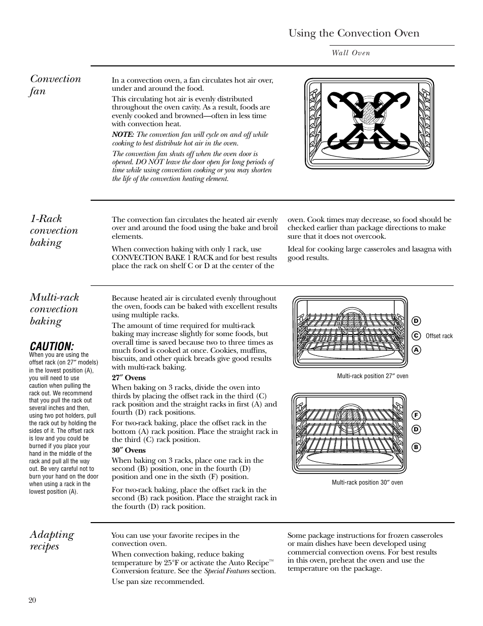 Convection, Convection –25, Using the convection oven | Convection fan, Rack convection baking, Adapting recipes, Multi-rack convection baking, Caution | GE Monogram ZEK938 User Manual | Page 20 / 136