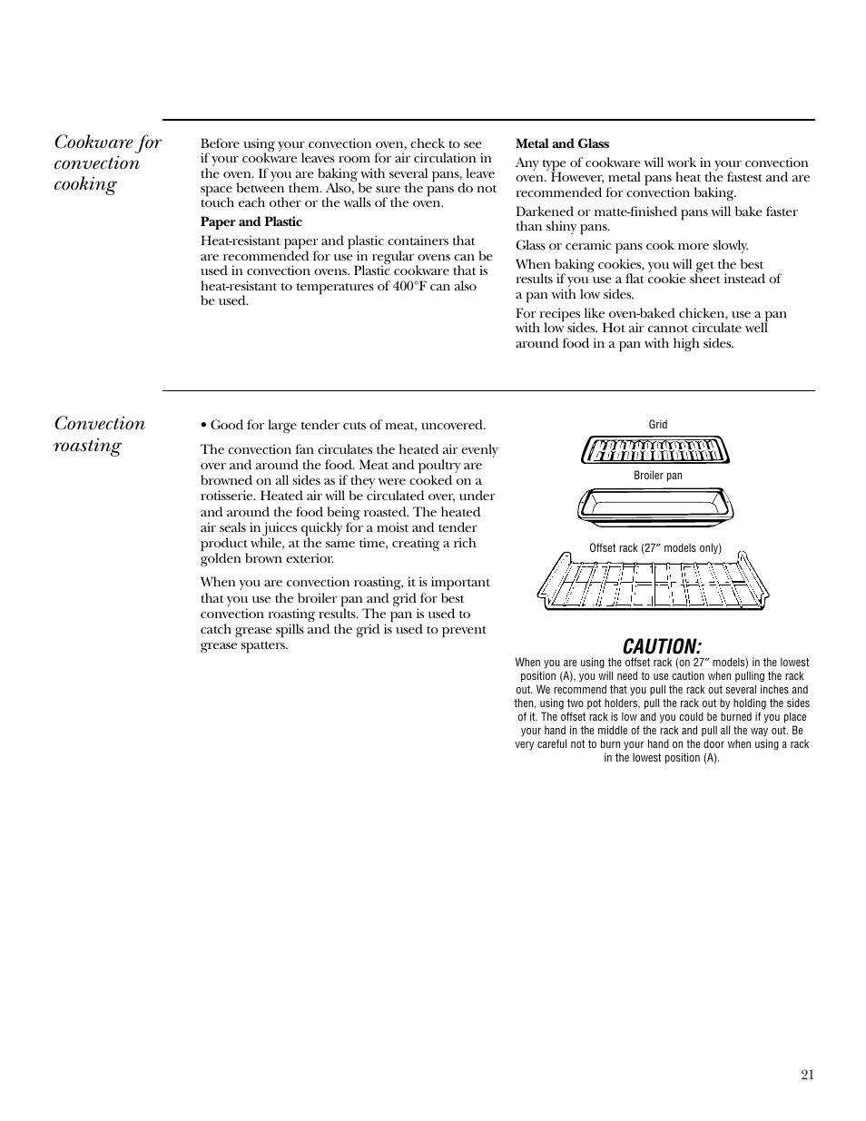 Convection roasting, Caution, Cookware for convection cooking | GE Monogram ZEK938 User Manual | Page 21 / 136