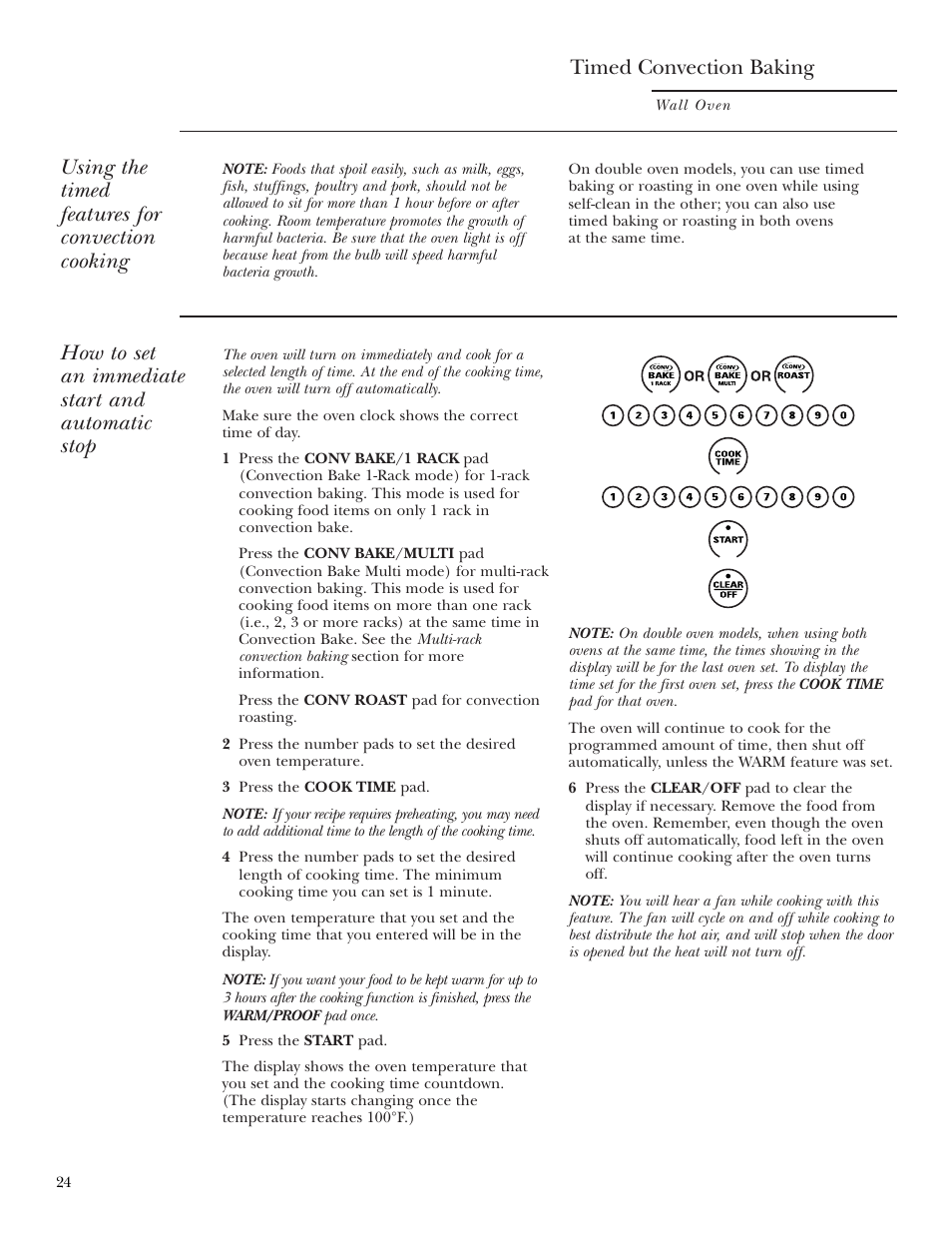 How to set an immediate start and automatic stop, Timed convection baking, Using the timed features for convection cooking | GE Monogram ZEK938 User Manual | Page 24 / 136