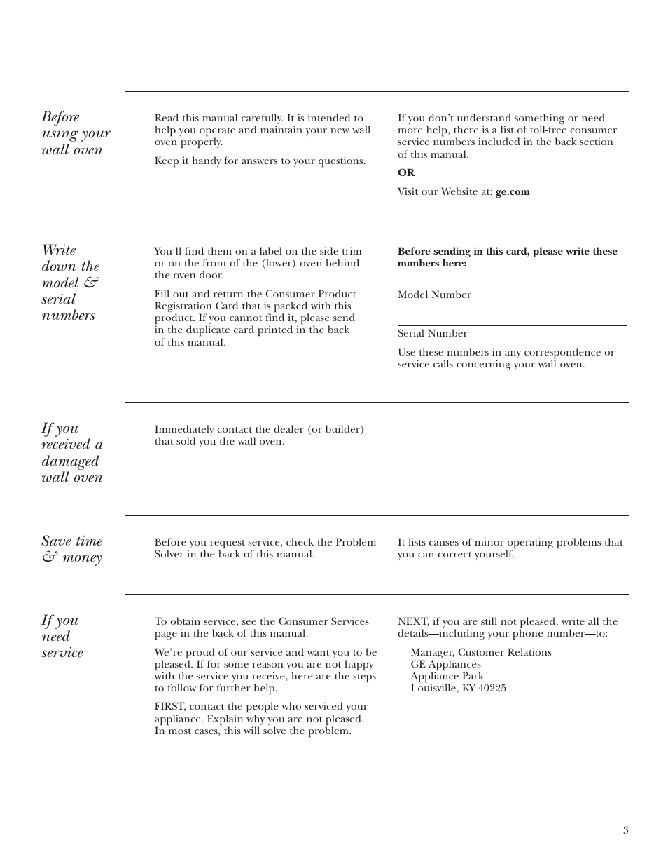 Model and serial numbers, Product registration, If you need service | Before using your wall oven, Write down the model & serial numbers, If you received a damaged wall oven, Save time & money | GE Monogram ZEK938 User Manual | Page 3 / 136