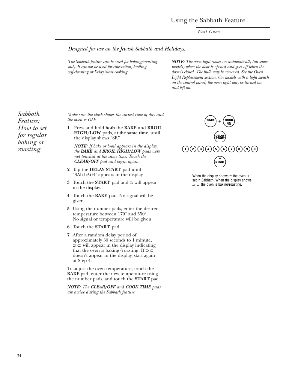 Sabbath feature, Sabbath feature –36, Using the sabbath feature | GE Monogram ZEK938 User Manual | Page 34 / 136