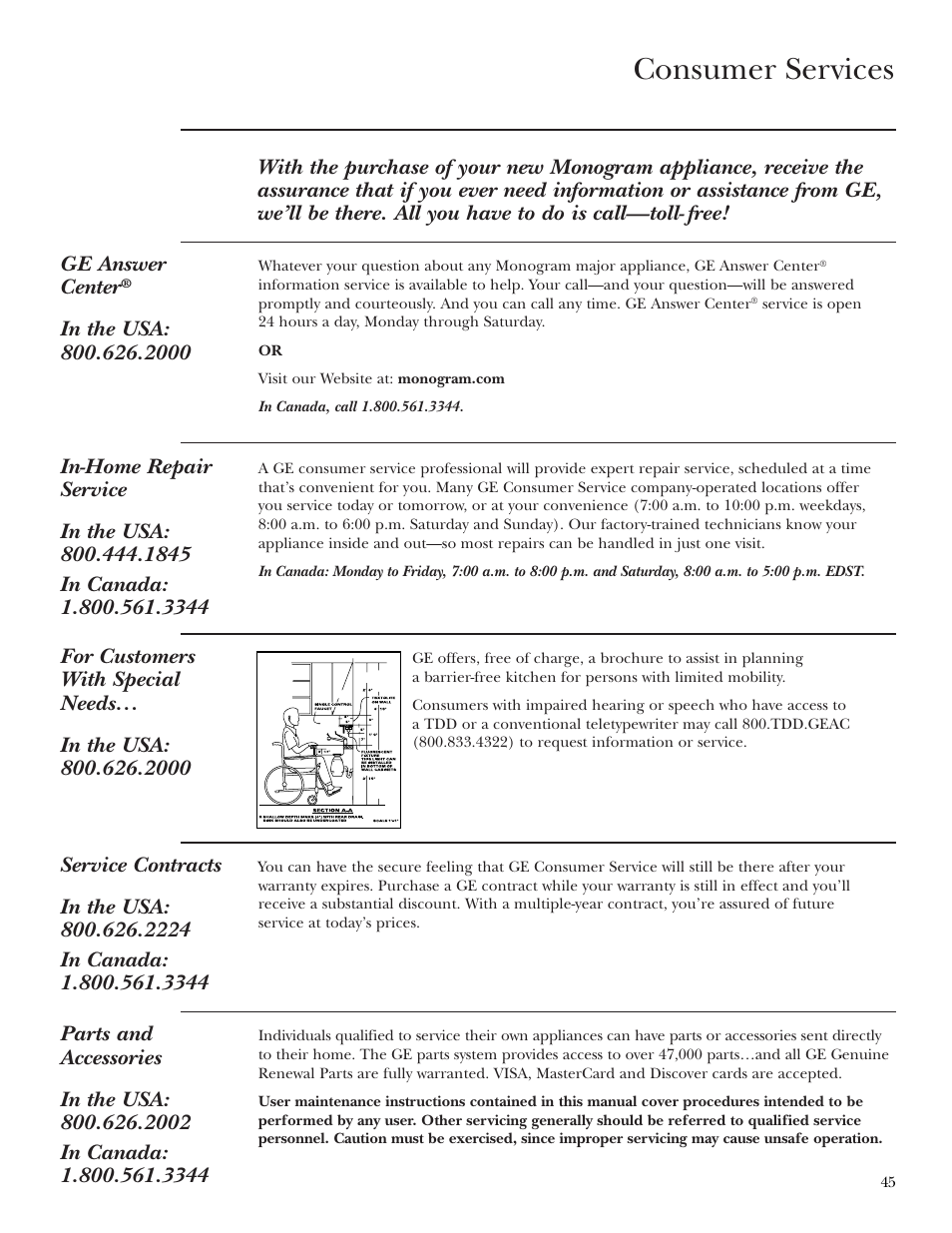 Important phone numbers, Consumer services | GE Monogram ZEK938 User Manual | Page 45 / 136