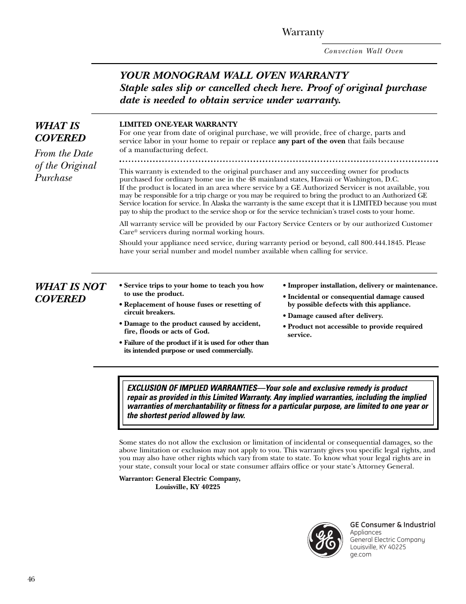 Warranty, What is not covered | GE Monogram ZEK938 User Manual | Page 46 / 136