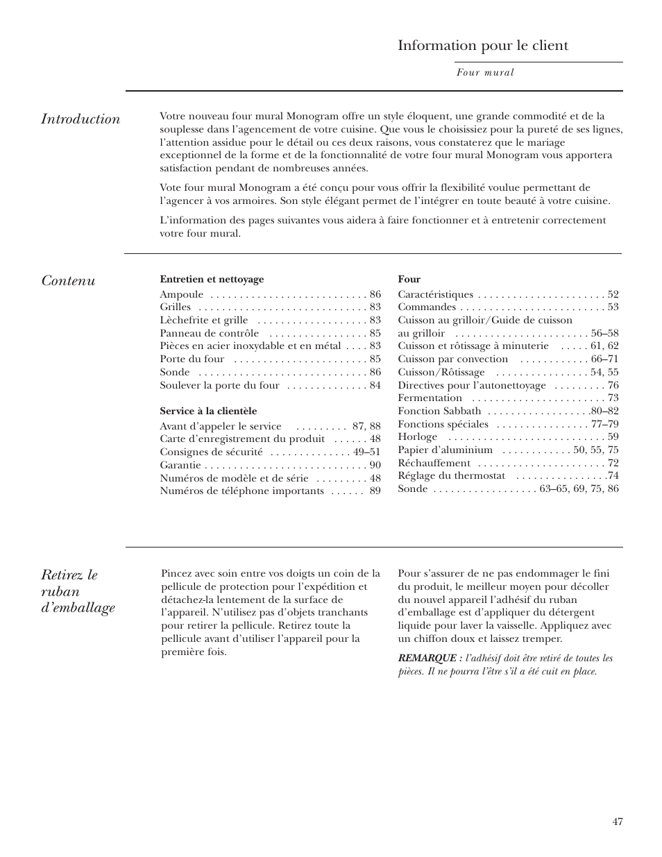 Français, Entretien et nettoyage, Service à la clientèle | Four, Information pour le client, Introduction, Contenu, Retirez le ruban d’emballage | GE Monogram ZEK938 User Manual | Page 47 / 136