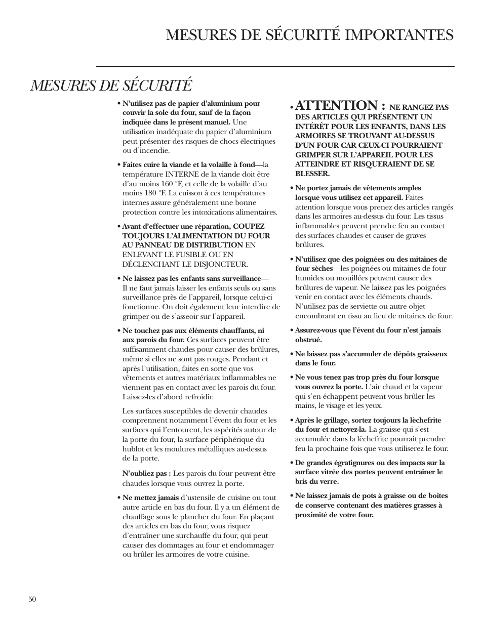 Papier d’aluminium, Papier d’aluminium , 55, 75, Mesures de sécurité | Mesures de sécurité importantes, Attention | GE Monogram ZEK938 User Manual | Page 50 / 136