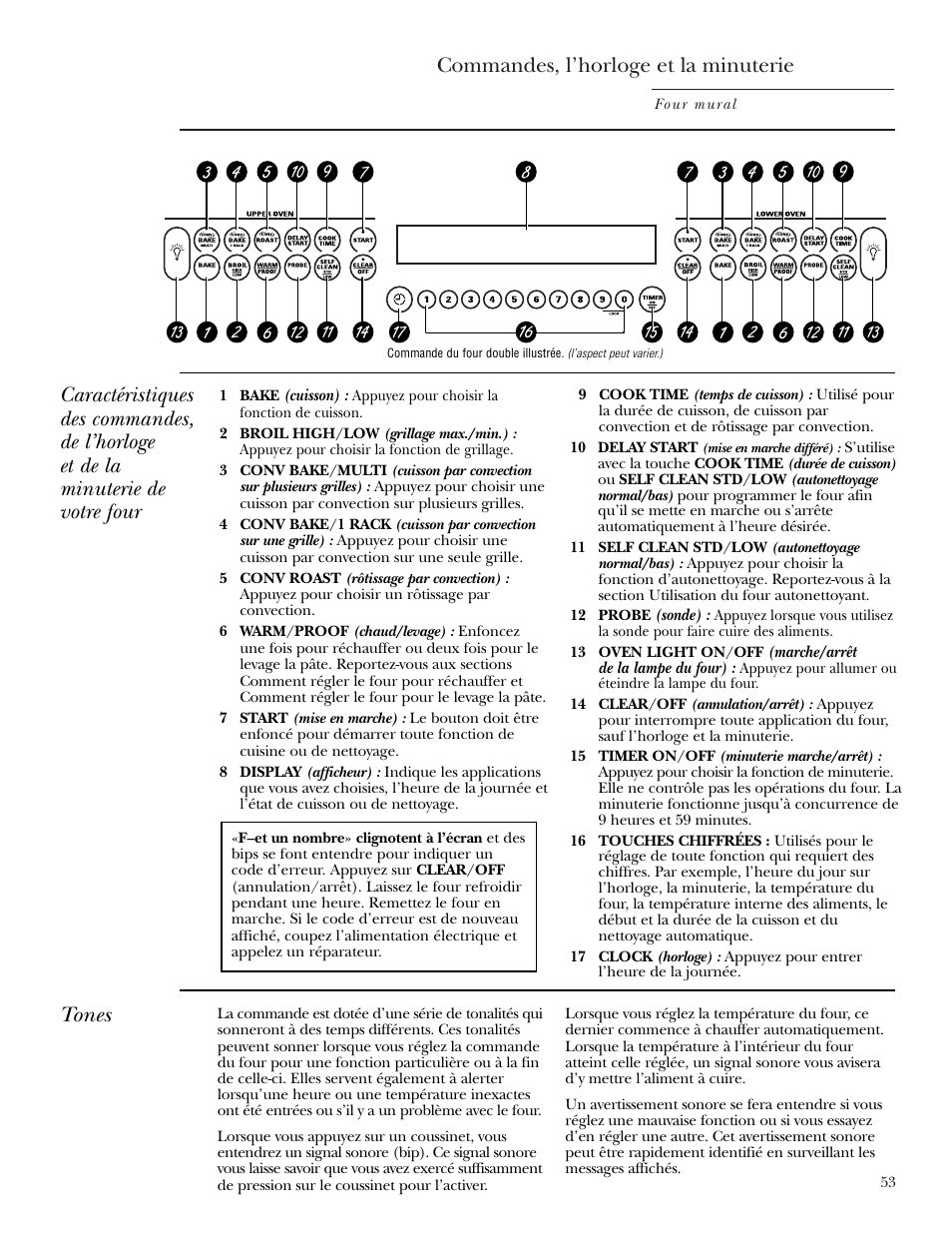 Commandes, Commandes, l’horloge et la minuterie, Tones | GE Monogram ZEK938 User Manual | Page 53 / 136