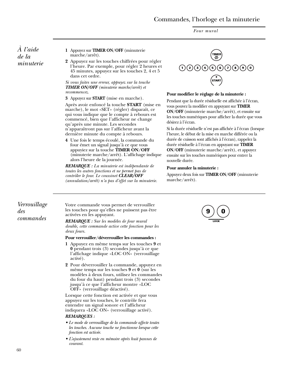 À l’aide de la minuterie, Verrouillage des commandes, Commandes, l’horloge et la minuterie | GE Monogram ZEK938 User Manual | Page 60 / 136