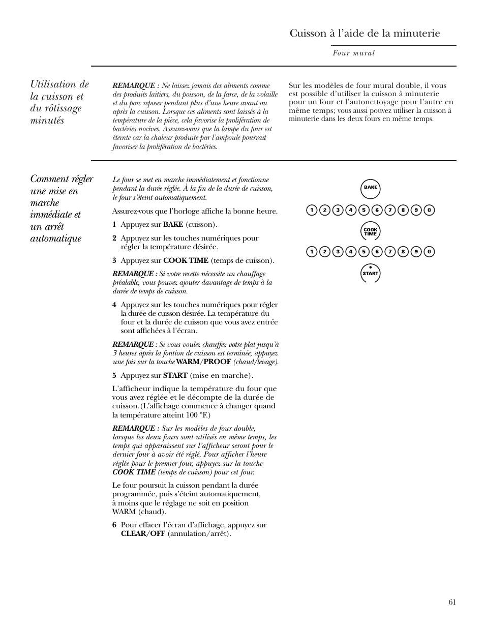 Cuisson et rôtissage à minuterie, Cuisson et rôtissage à minuterie , 62, Cuisson à l’aide de la minuterie | Utilisation de la cuisson et du rôtissage minutés | GE Monogram ZEK938 User Manual | Page 61 / 136