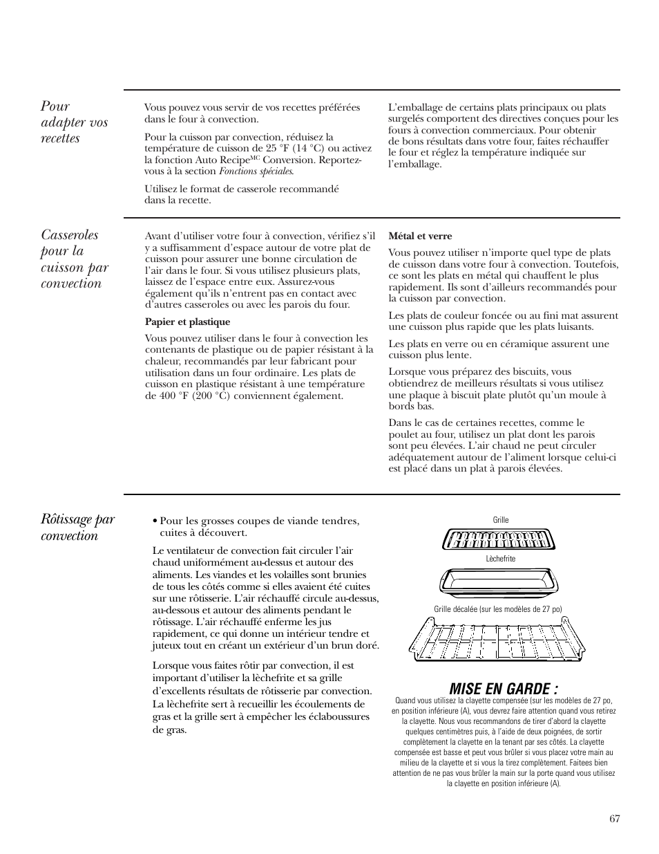 Pour adapter vos recettes, Casseroles pour la cuisson par convection, Rôtissage par convection | Mise en garde | GE Monogram ZEK938 User Manual | Page 67 / 136