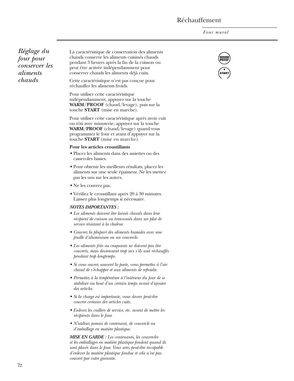 Réchauffement, Réglage du four pour conserver les aliments chauds | GE Monogram ZEK938 User Manual | Page 72 / 136