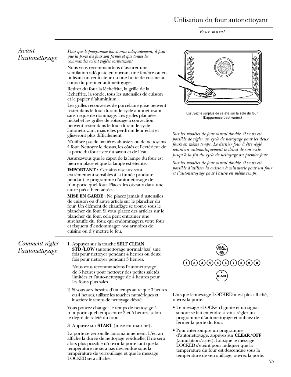 Utilisation du four autonettoyant, Avant l’autonettoyage, Comment régler l’autonettoyage | GE Monogram ZEK938 User Manual | Page 75 / 136