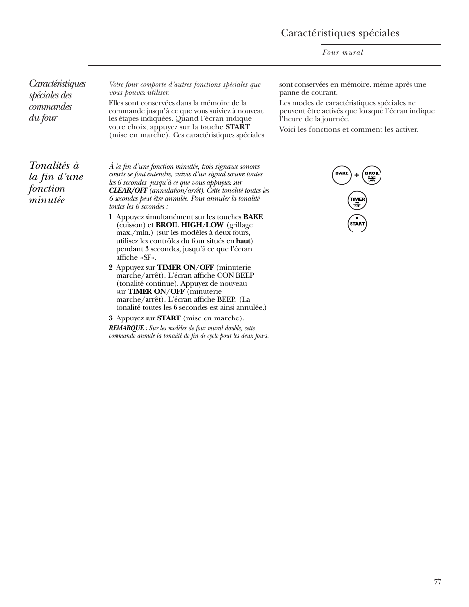 Fonctions spéciales, Fonctions spéciales –79, Caractéristiques spéciales | Caractéristiques spéciales des commandes du four, Tonalités à la fin d’une fonction minutée | GE Monogram ZEK938 User Manual | Page 77 / 136