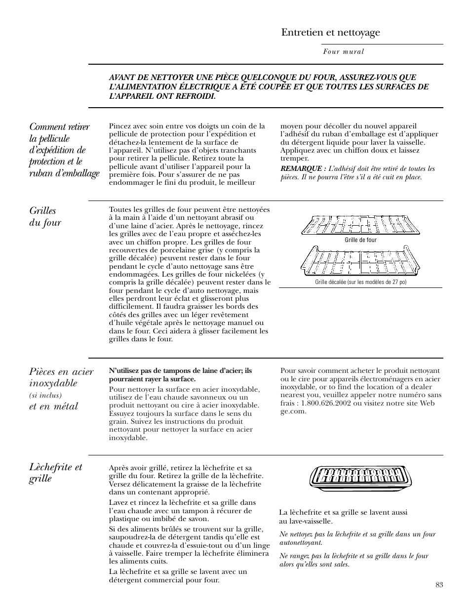 Grilles, Lèchefrite et grille, Pièces en acier inoxydable et en métal | Grilles lèchefrite et grille, Pièces en acier inoxydable, Et en métal, Grilles du four, Entretien et nettoyage | GE Monogram ZEK938 User Manual | Page 83 / 136