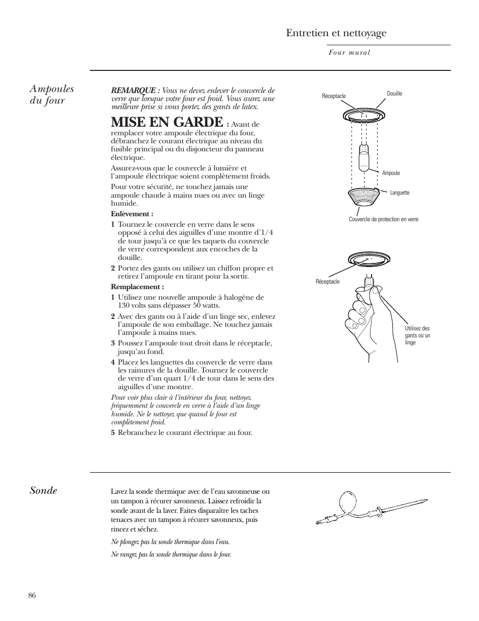 Ampoule, Sonde, Mise en garde | Ampoules du four, Entretien et nettoyage | GE Monogram ZEK938 User Manual | Page 86 / 136