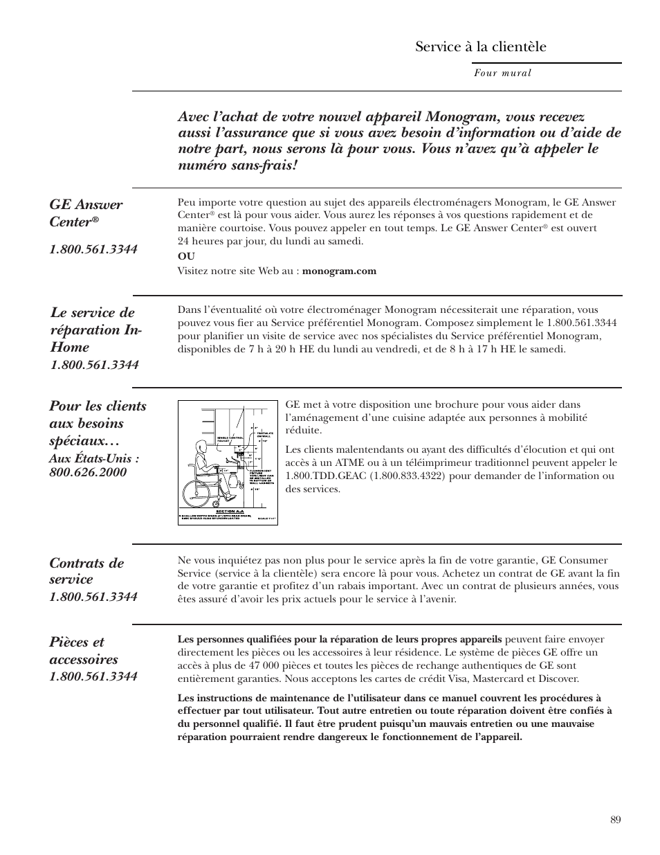 Numéros de téléphone importants, Le service de réparation in- home, Contrats de service | Pièces et accessoires, Pour les clients aux besoins spéciaux, Service à la clientèle | GE Monogram ZEK938 User Manual | Page 89 / 136