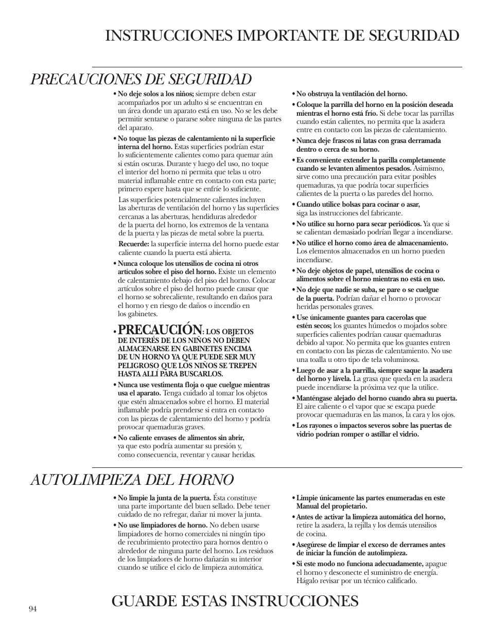 Instrucciones importante de seguridad, Precaución | GE Monogram ZEK938 User Manual | Page 94 / 136