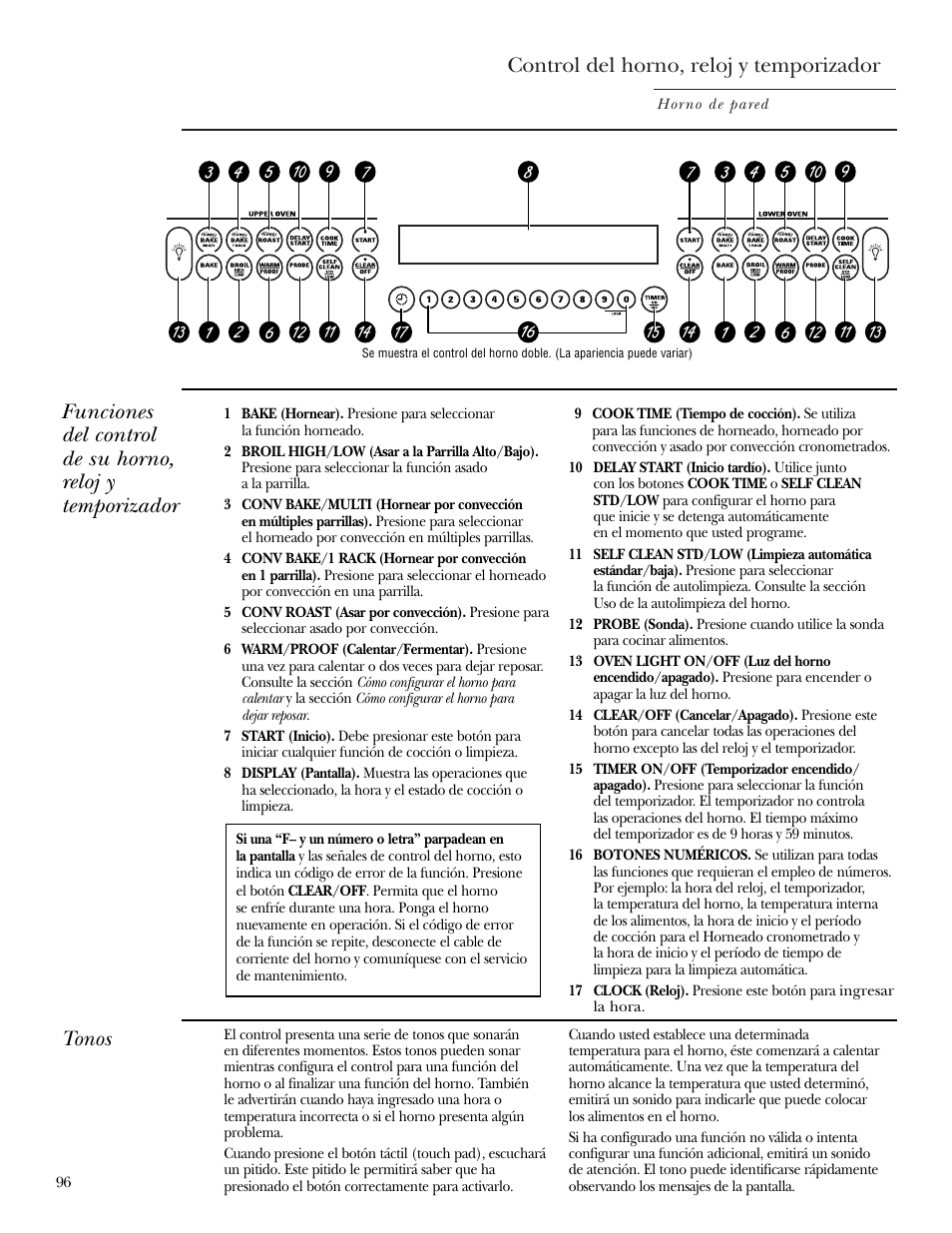 Controles, Control del horno, reloj y temporizador, Tonos | GE Monogram ZEK938 User Manual | Page 96 / 136