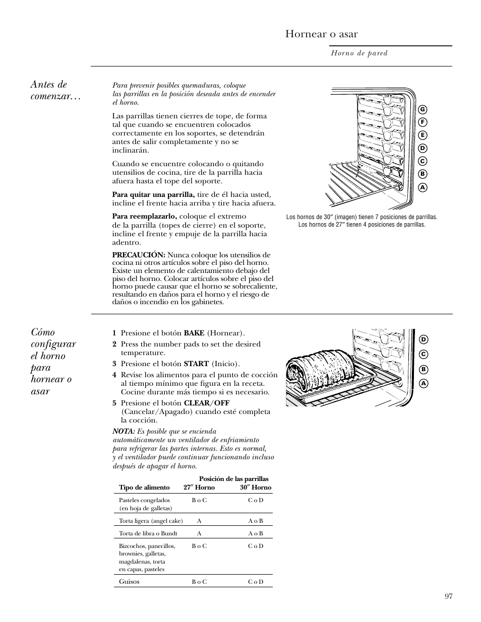 Hornear o asar, Hornear o asar , 98, Antes de comenzar | Cómo configurar el horno para hornear o asar | GE Monogram ZEK938 User Manual | Page 97 / 136