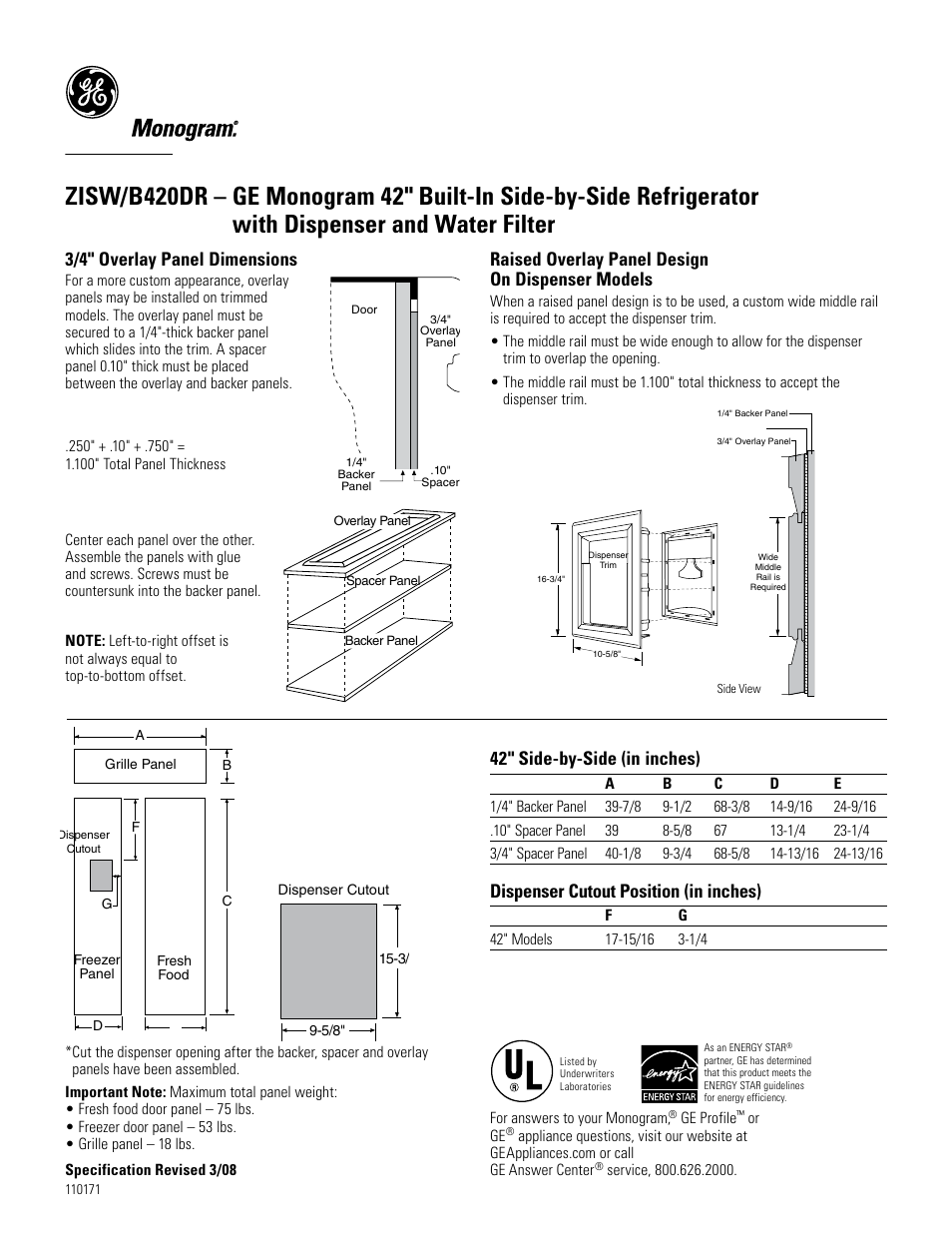 3/4" overlay panel dimensions, Raised overlay panel design on dispenser models, 42" side-by-side (in inches) | Dispenser cutout position (in inches) | GE Monogram B420DR User Manual | Page 3 / 7