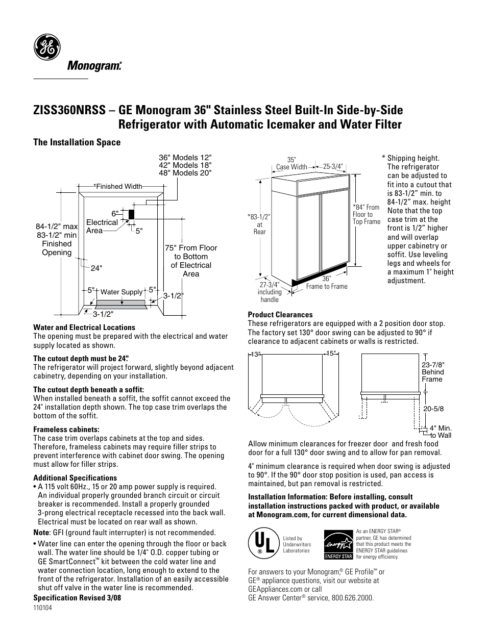 GE Monogram ZISS360NRSS User Manual | 2 pages
