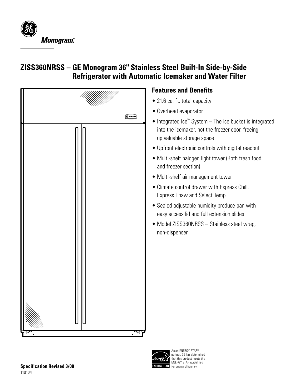 Ziss360nrss, Features and benefits | GE Monogram ZISS360NRSS User Manual | Page 2 / 2