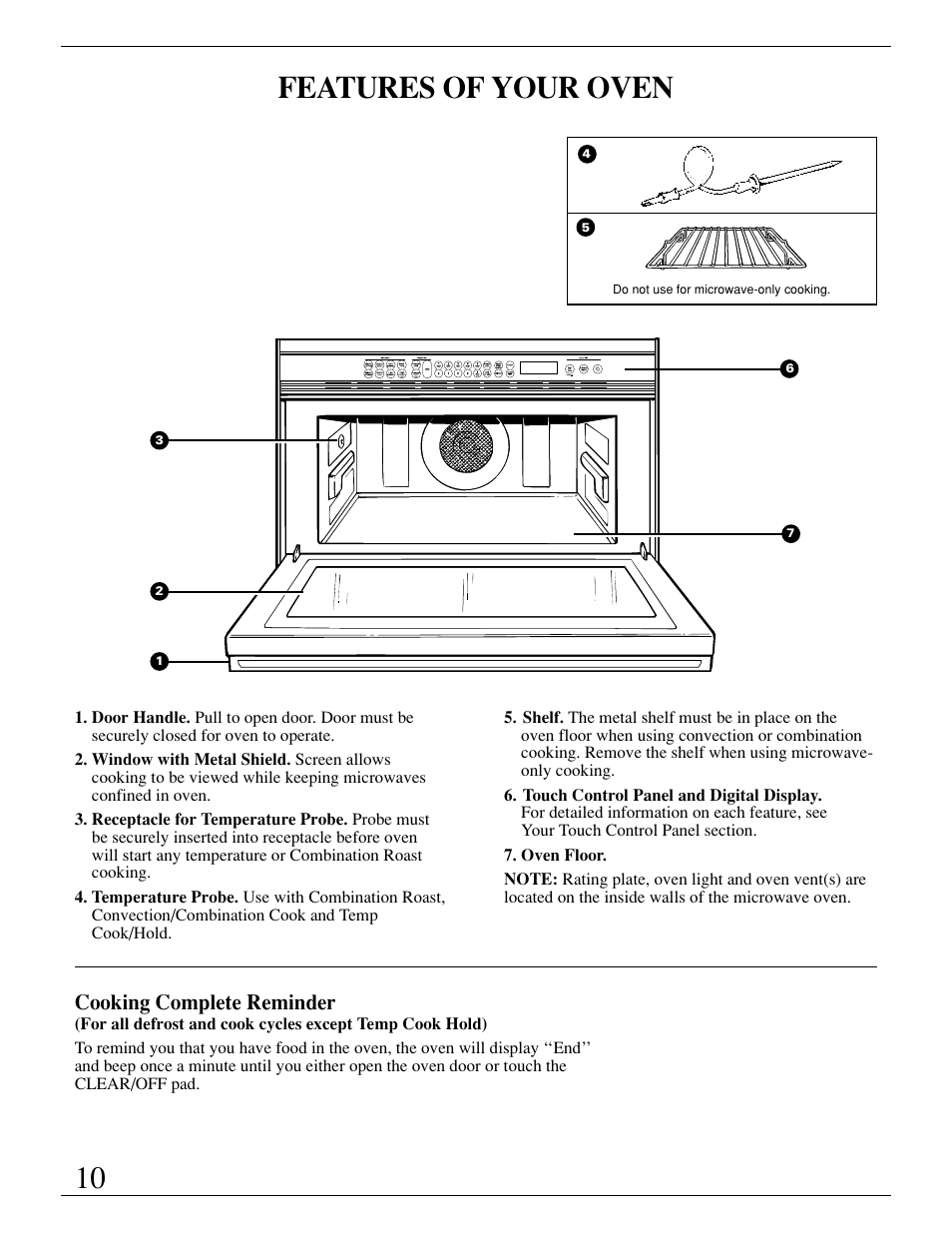Features, Cooking complete reminder, Model and serial numberlocation | 10 features of your oven | GE Monogram ZMC1095 User Manual | Page 10 / 36