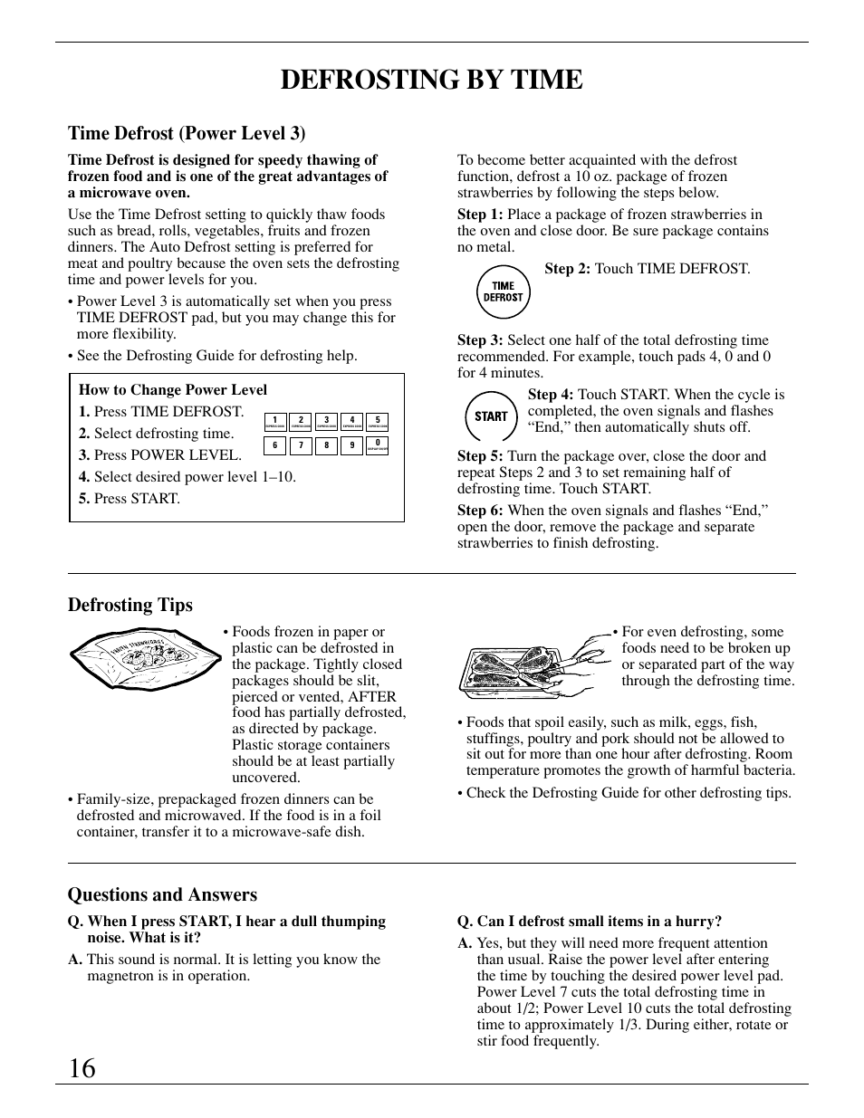 Defrosting by time, Time defrost (power level 3), Defrosting tips | Questions and answers | GE Monogram ZMC1095 User Manual | Page 16 / 36